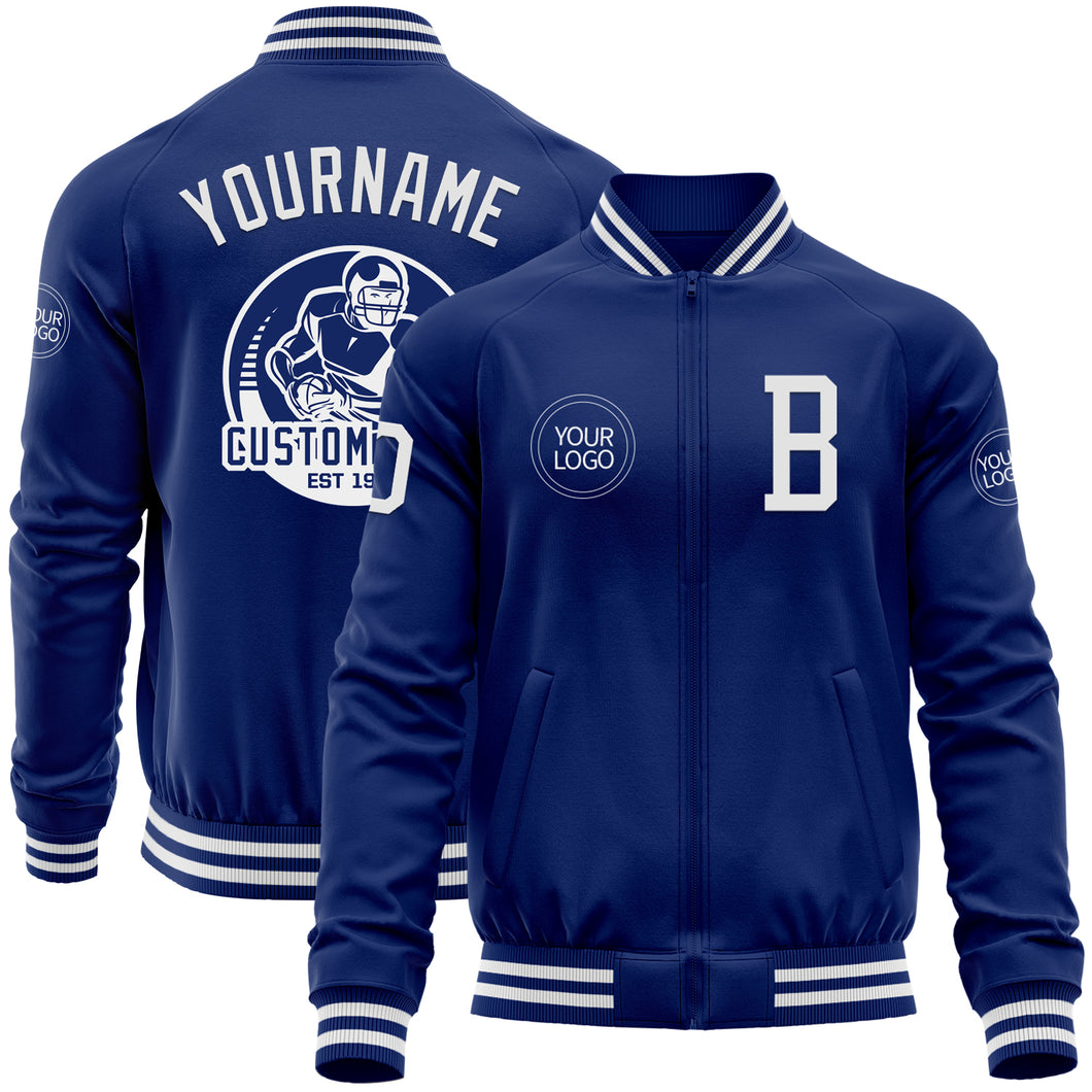 Custom Royal White Bomber Varsity Letterman Zipper Jacket