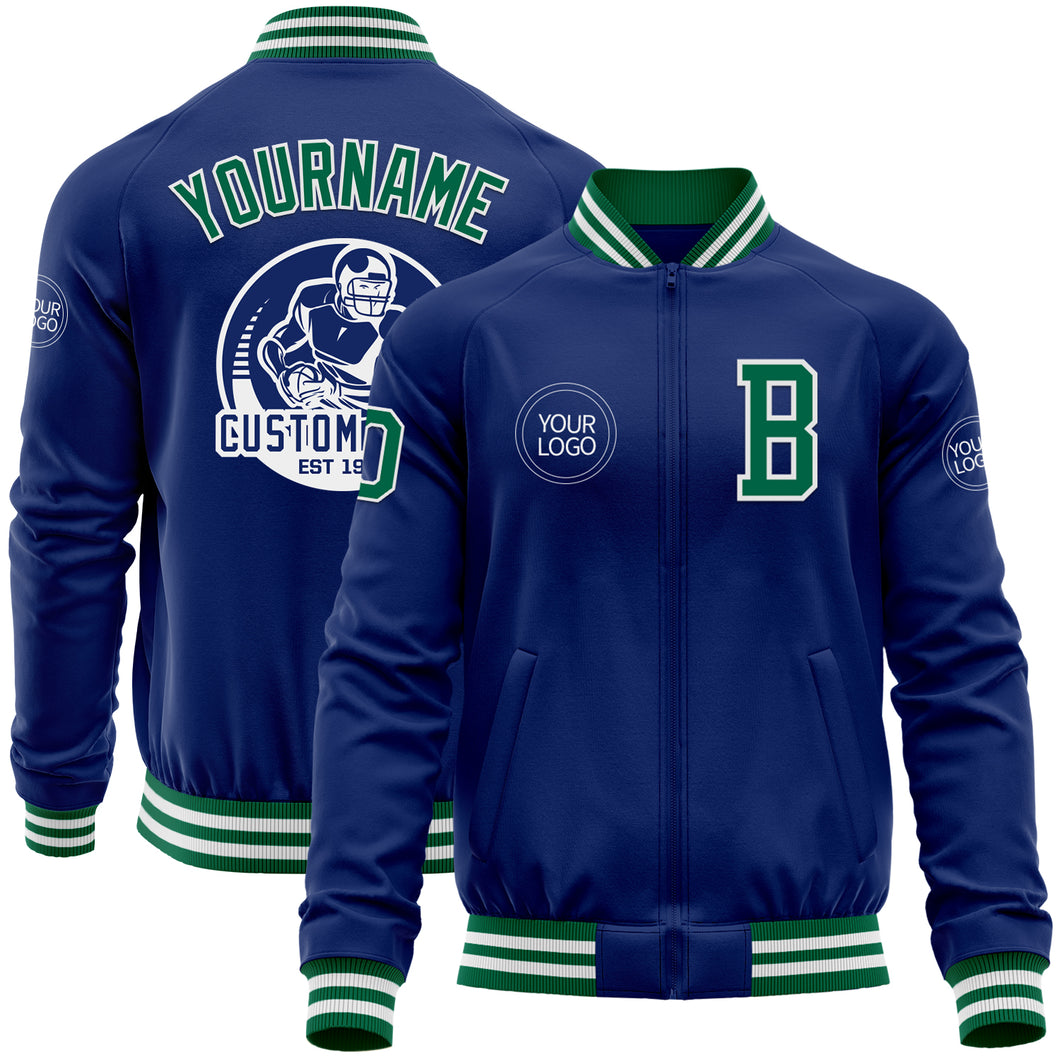 Custom Royal Kelly Green-White Bomber Varsity Letterman Zipper Jacket