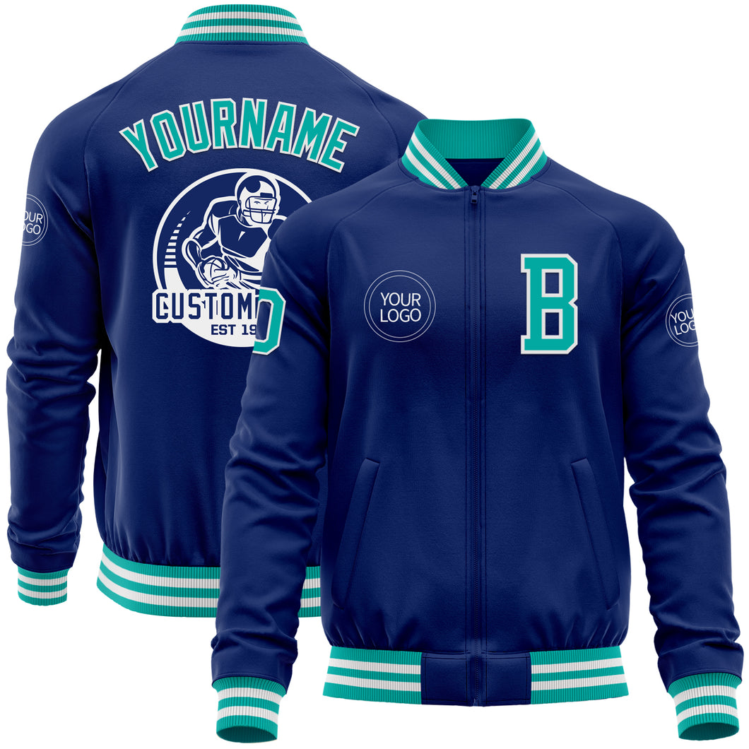 Custom Royal Aqua-White Bomber Varsity Letterman Zipper Jacket