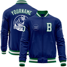 Laden Sie das Bild in den Galerie-Viewer, Custom Royal White-Kelly Green Bomber Varsity Letterman Zipper Jacket
