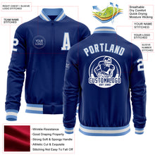 Laden Sie das Bild in den Galerie-Viewer, Custom Royal White-Light Blue Bomber Varsity Letterman Zipper Jacket
