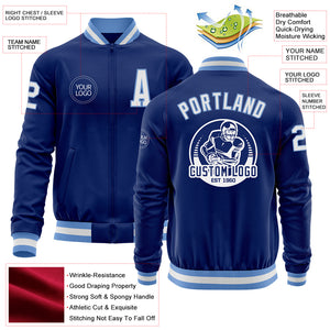 Custom Royal White-Light Blue Bomber Varsity Letterman Zipper Jacket