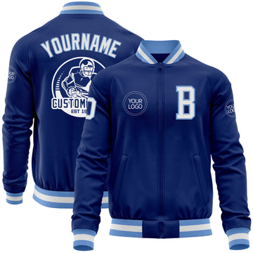 Custom Royal White-Light Blue Bomber Varsity Letterman Zipper Jacket