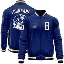 Load image into Gallery viewer, Custom Royal White-Black Bomber Varsity Letterman Zipper Jacket
