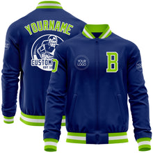 Load image into Gallery viewer, Custom Royal Neon Green-White Bomber Varsity Letterman Zipper Jacket
