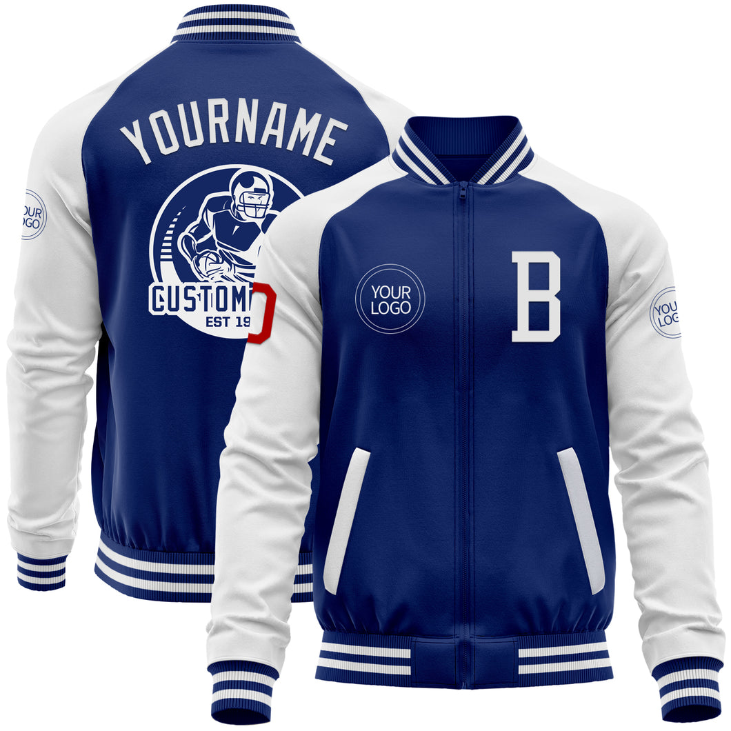 Custom Royal White-Red Bomber Varsity Letterman Two Tone Zipper Jacket