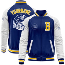 Load image into Gallery viewer, Custom Royal Yellow-White Bomber Varsity Letterman Two Tone Zipper Jacket
