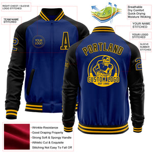 Custom Royal Black-Gold Bomber Varsity Letterman Two Tone Zipper Jacket