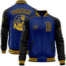 Load image into Gallery viewer, Custom Royal Black-Gold Bomber Varsity Letterman Two Tone Zipper Jacket
