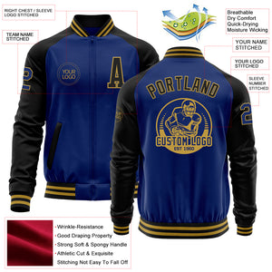 Custom Royal Black-Old Gold Bomber Varsity Letterman Two Tone Zipper Jacket