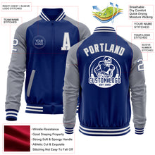 Laden Sie das Bild in den Galerie-Viewer, Custom Royal White-Gray Bomber Varsity Letterman Two Tone Zipper Jacket
