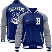 Laden Sie das Bild in den Galerie-Viewer, Custom Royal White-Gray Bomber Varsity Letterman Two Tone Zipper Jacket
