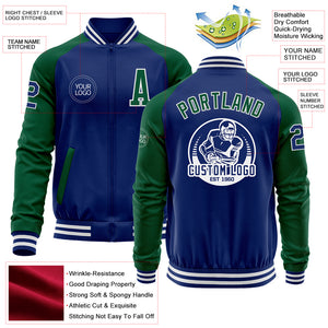 Custom Royal Kelly Green-White Bomber Varsity Letterman Two Tone Zipper Jacket