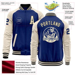 Custom Royal Cream-Black Bomber Varsity Letterman Two Tone Zipper Jacket