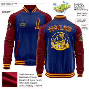 Custom Royal Crimson-Gold Bomber Varsity Letterman Two Tone Zipper Jacket