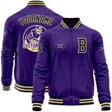 Laden Sie das Bild in den Galerie-Viewer, Custom Purple Black-Cream Bomber Varsity Letterman Zipper Jacket
