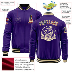 Custom Purple Vintage USA Flag Cream-Black Bomber Varsity Letterman Zipper Jacket