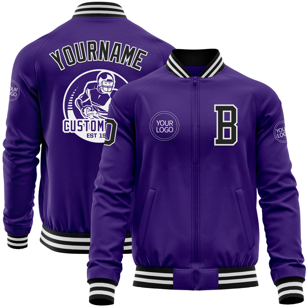 Custom Purple Black-White Bomber Varsity Letterman Zipper Jacket