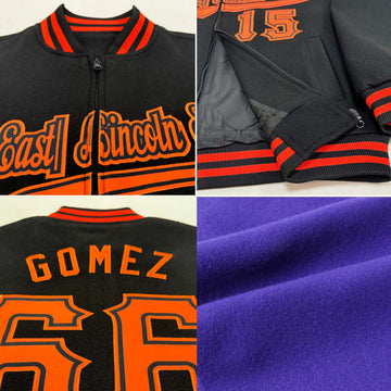 Custom Purple Black-Gold Bomber Varsity Letterman Zipper Jacket