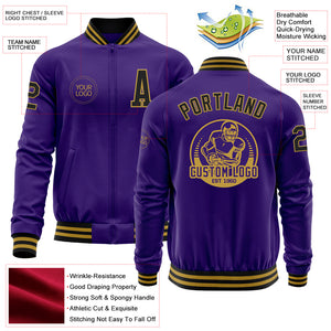 Custom Purple Black-Old Gold Bomber Varsity Letterman Zipper Jacket