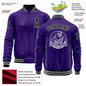 Custom Purple Black-Gray Bomber Varsity Letterman Zipper Jacket