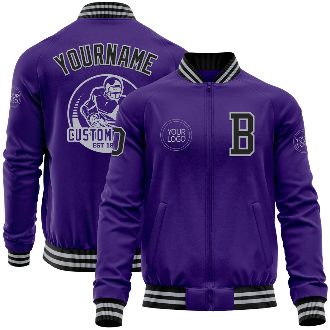 Custom Purple Black-Gray Bomber Varsity Letterman Zipper Jacket