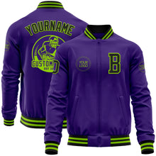 Laden Sie das Bild in den Galerie-Viewer, Custom Purple Black-Neon Green Bomber Varsity Letterman Zipper Jacket
