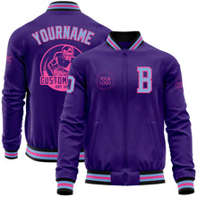 Laden Sie das Bild in den Galerie-Viewer, Custom Purple Light Blue Pink-Black Bomber Varsity Letterman Zipper Jacket
