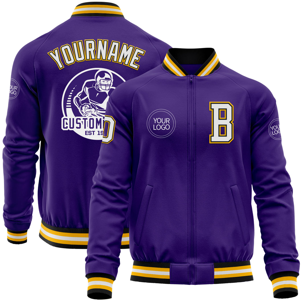 Custom Purple Black-Gold Bomber Varsity Letterman Zipper Jacket