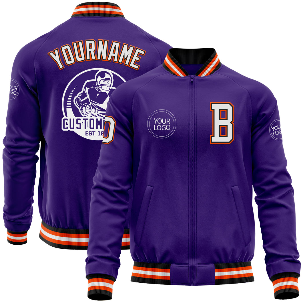 Custom Purple Black-Orange Bomber Varsity Letterman Zipper Jacket