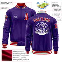 Laden Sie das Bild in den Galerie-Viewer, Custom Purple Red-White Bomber Varsity Letterman Zipper Jacket
