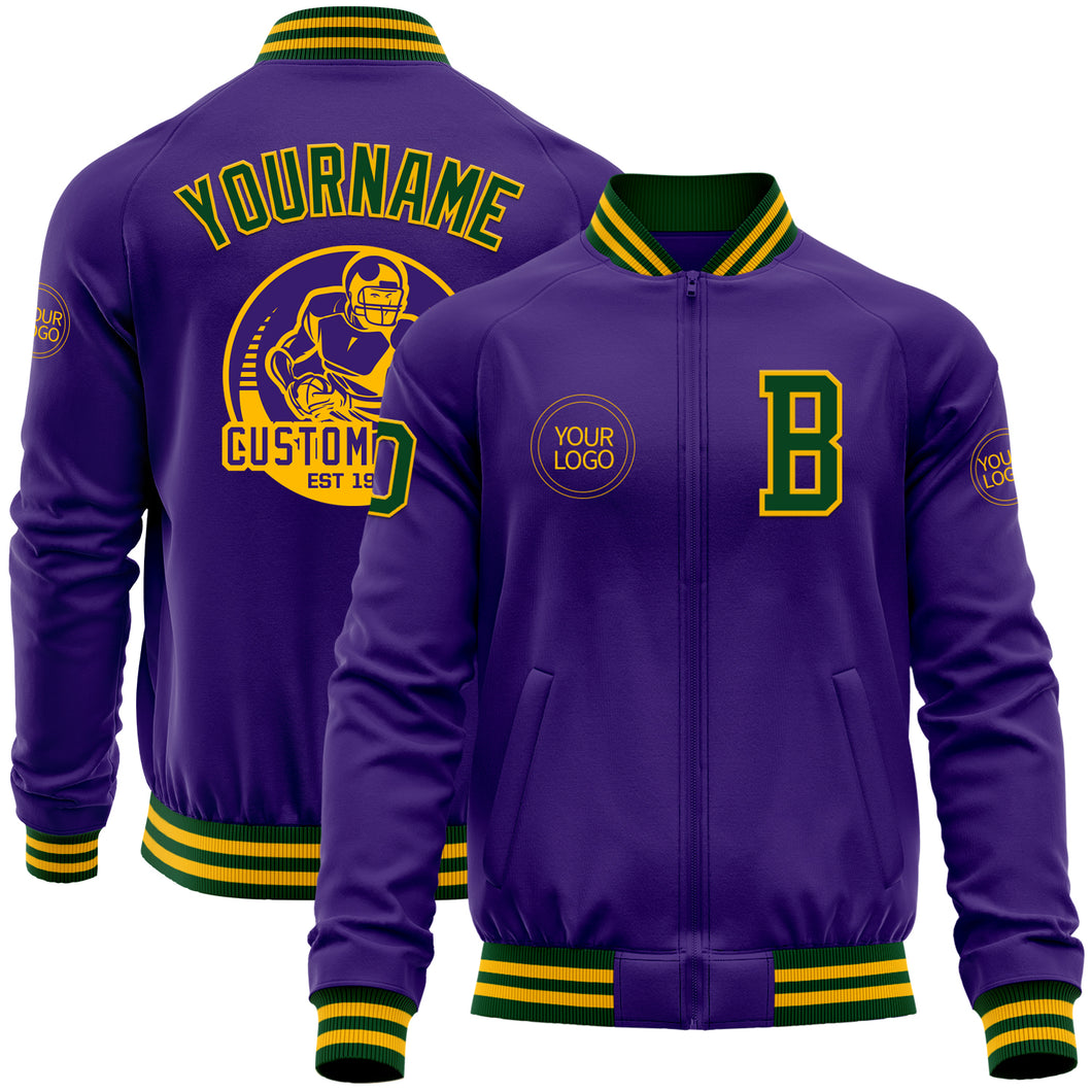 Custom Purple Green-Gold Bomber Varsity Letterman Zipper Jacket