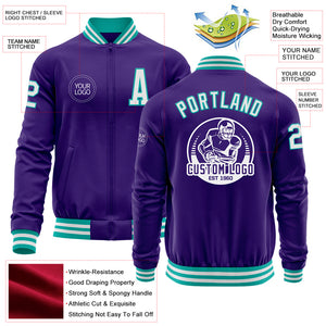 Custom Purple White-Aqua Bomber Varsity Letterman Zipper Jacket