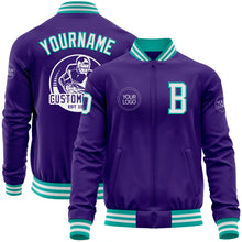 Laden Sie das Bild in den Galerie-Viewer, Custom Purple White-Aqua Bomber Varsity Letterman Zipper Jacket
