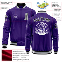 Laden Sie das Bild in den Galerie-Viewer, Custom Purple Black-Gray Bomber Varsity Letterman Zipper Jacket
