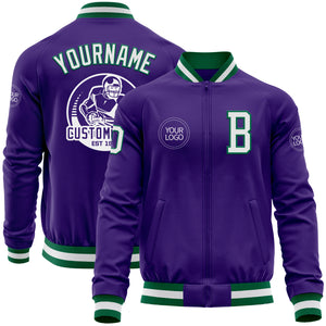 Custom Purple White-Kelly Green Bomber Varsity Letterman Zipper Jacket