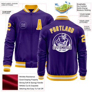 Custom Purple Gold-White Bomber Varsity Letterman Zipper Jacket