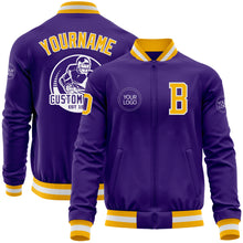 Laden Sie das Bild in den Galerie-Viewer, Custom Purple Gold-White Bomber Varsity Letterman Zipper Jacket
