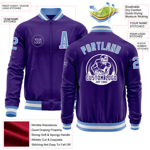 Custom Purple Light Blue-White Bomber Varsity Letterman Zipper Jacket