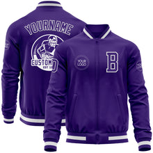 Laden Sie das Bild in den Galerie-Viewer, Custom Purple White Bomber Varsity Letterman Zipper Jacket
