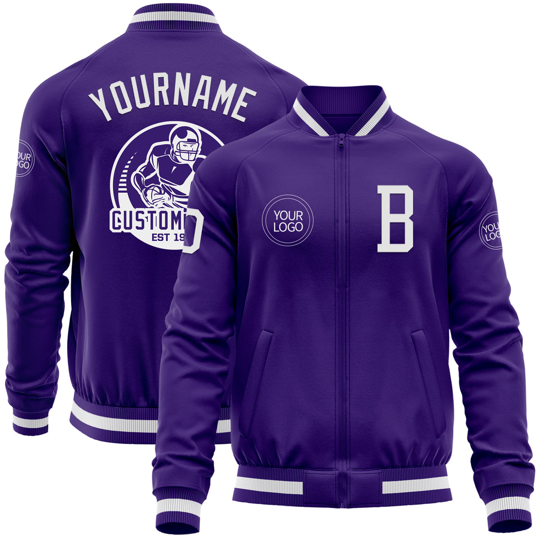 Custom Purple White Bomber Varsity Letterman Zipper Jacket