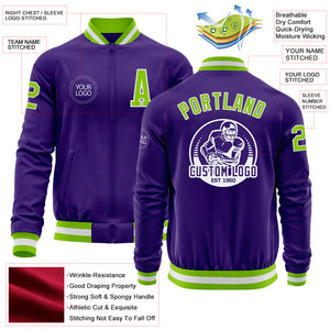 Custom Purple Neon Green-White Bomber Varsity Letterman Zipper Jacket