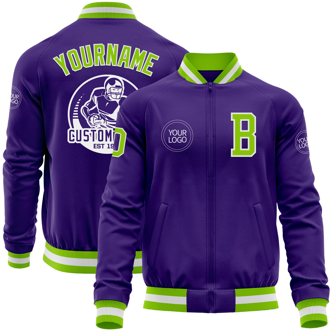 Custom Purple Neon Green-White Bomber Varsity Letterman Zipper Jacket