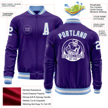 Laden Sie das Bild in den Galerie-Viewer, Custom Purple White-Light Blue Bomber Varsity Letterman Zipper Jacket
