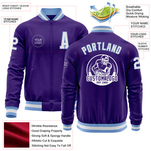 Custom Purple White-Light Blue Bomber Varsity Letterman Zipper Jacket