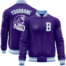 Laden Sie das Bild in den Galerie-Viewer, Custom Purple White-Light Blue Bomber Varsity Letterman Zipper Jacket
