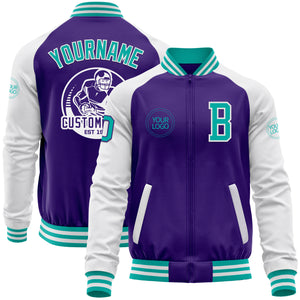 Custom Purple Aqua-White Bomber Varsity Letterman Two Tone Zipper Jacket