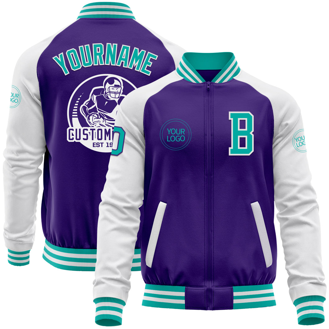 Custom Purple Aqua-White Bomber Varsity Letterman Two Tone Zipper Jacket