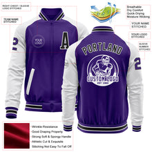 Laden Sie das Bild in den Galerie-Viewer, Custom Purple Black-White Bomber Varsity Letterman Two Tone Zipper Jacket
