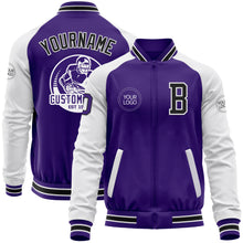 Laden Sie das Bild in den Galerie-Viewer, Custom Purple Black-White Bomber Varsity Letterman Two Tone Zipper Jacket
